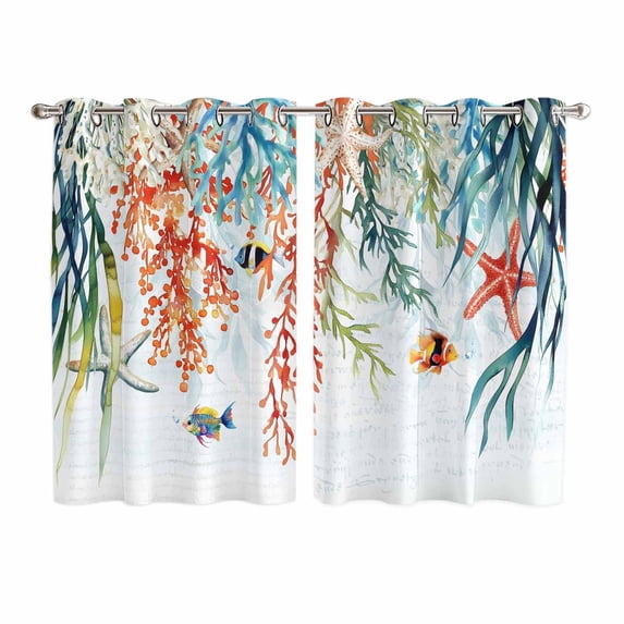 Coastal Coral Kitchen Curtains 63 Inch Length, Summer Beach Ocean Starfish Seagrass Grommet Top Bedroom Living Room Curtains, Light Filtering Cafe Curtain Drapes 2 Panels Set 104''x63''