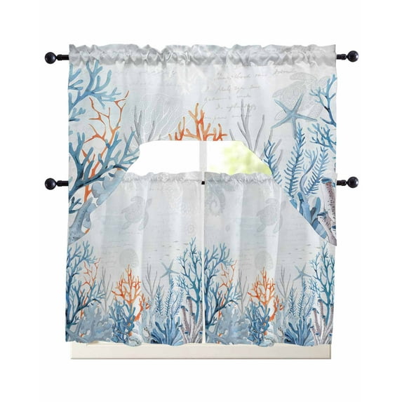 Coastal Coral Kitchen Curtains Sets 36 Inch Length with Valance, Blue Ocean Starfish Turtle Watercolor Swag Valances and Tiers Curtain Set Drapes Swag Curtains for Living Room, Bathroom, Bedroom
