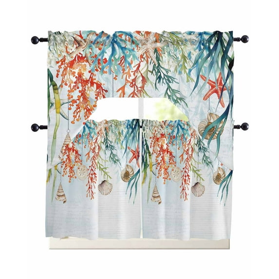 Coastal Coral Kitchen Curtains Swag Valance and Tier Curtains Set 24 Inch Length, Summer Beach Ocean Shell Starfish Rod Pocket Drape Panels Pair Swag Curtain for Bathroom/Cafe/Window