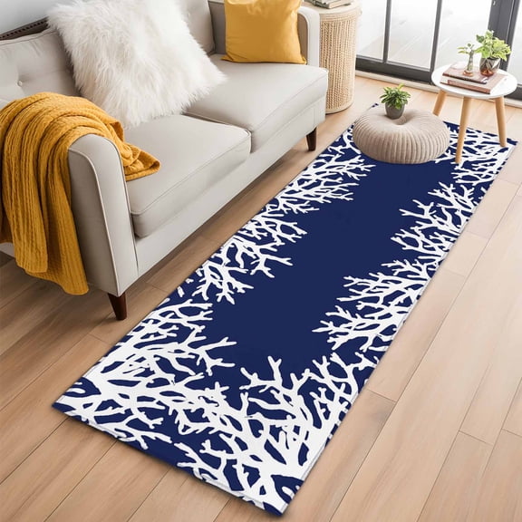 Coastal Coral Kitchen Runner Rug 2x6 Washable Runners for Hallway Non Slip Navy Blue Ocean Marine Nautical Beach Large Area Rug Indoor Floor Carpet for Bathroom Laundry Entryway Bedroom Living Room