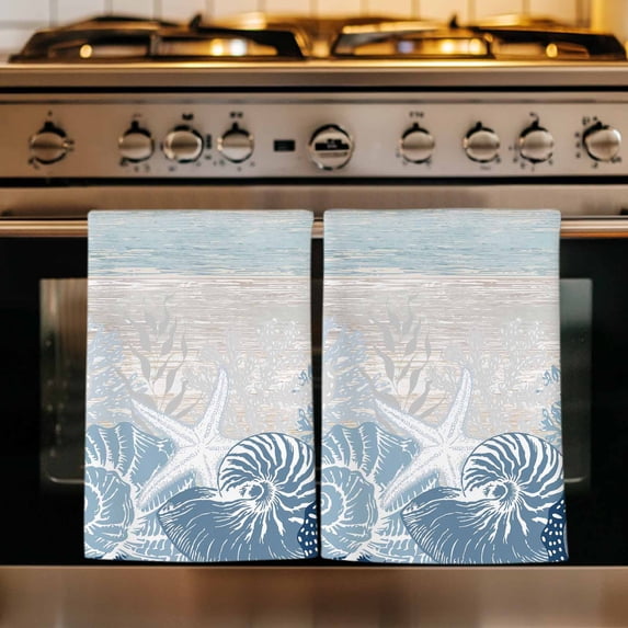 Coastal Coral Kitchen Towels Set of 1, Ocean Starfish Beach Conch Mist Lake Blue Wood Absorbent Dish Towels for Kitchen, Microfiber Hand Towel, Quick Drying Tea Towel for Cleaning Dishcloths