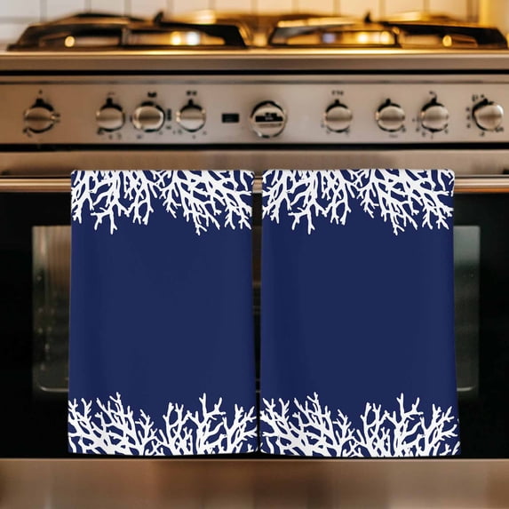 Coastal Coral Kitchen Towels Set of 3, Navy Blue Ocean Marine Nautical Beach Absorbent Dish Towels for Kitchen, Microfiber Hand Towel, Quick Drying Tea Towel for Cleaning Decorative Dishcloths