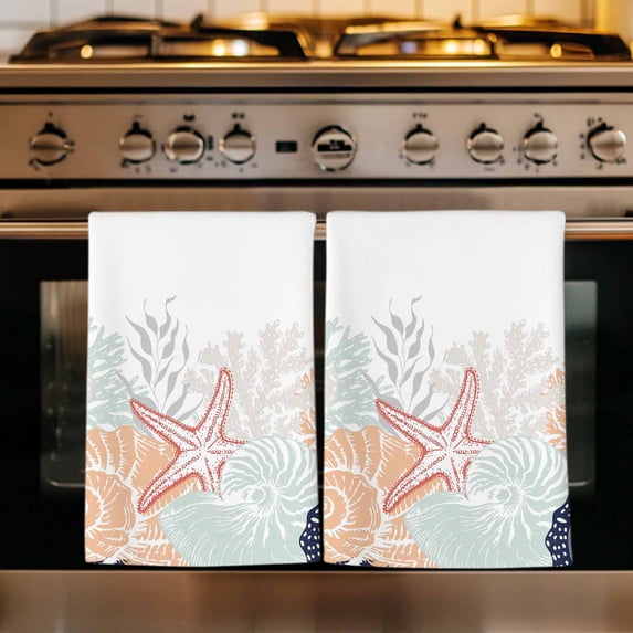 Coastal Coral Kitchen Towels Set of 3, Ocean Starfish Beach Conch Orange Marine Life Absorbent Dish Towels for Kitchen, Microfiber Hand Towel, Quick Drying Tea Towel for Cleaning Dishcloths