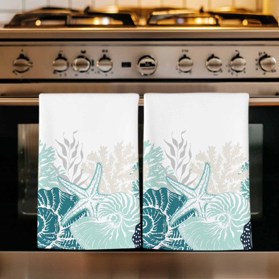 Coastal Coral Kitchen Towels Set of 3, Ocean Starfish Beach Conch Turquoise Marine Life Absorbent Dish Towels for Kitchen, Microfiber Hand Towel, Quick Drying Tea Towel for Cleaning Dishcloths