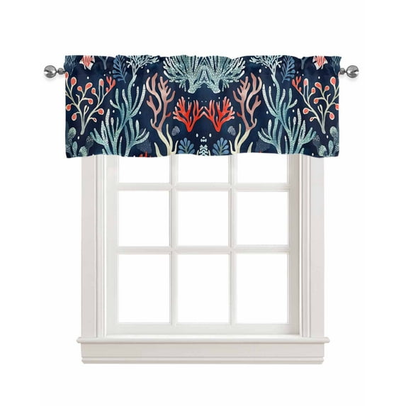Coastal Coral Kitchen Valances for Windows Farmhouse Linen Window Valance Curtain for Living Room Window Treatment Summer Watercolor Ocean Plant Valance Rod Pocket Topper Drape, 42 x 12 Inch