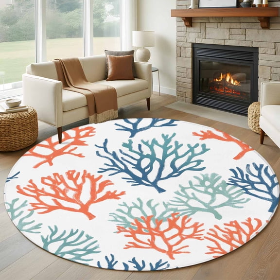 Coastal Coral Large Round Rug 8 FT, Non Slip Living Room Area Carpet, Orange Green Blue Multicolored Rainbow Washable Soft Circle Rug Non-Shedding Floor Carpet for Bedroom Office Dining Room