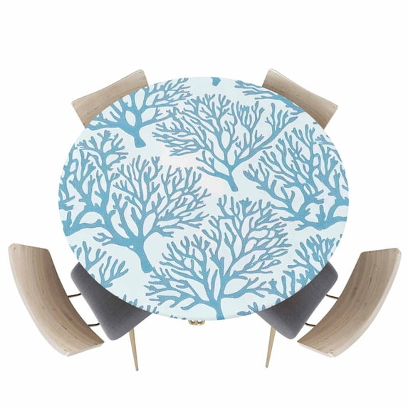 Coastal Coral Marine Plants Fitted Round Tablecloths Elastic Edged Table Covers 45"-54",Watercolor Ocean Theme Waterproof Dining Room Kitchen Table Cloth for Holiday Party Tables Decor