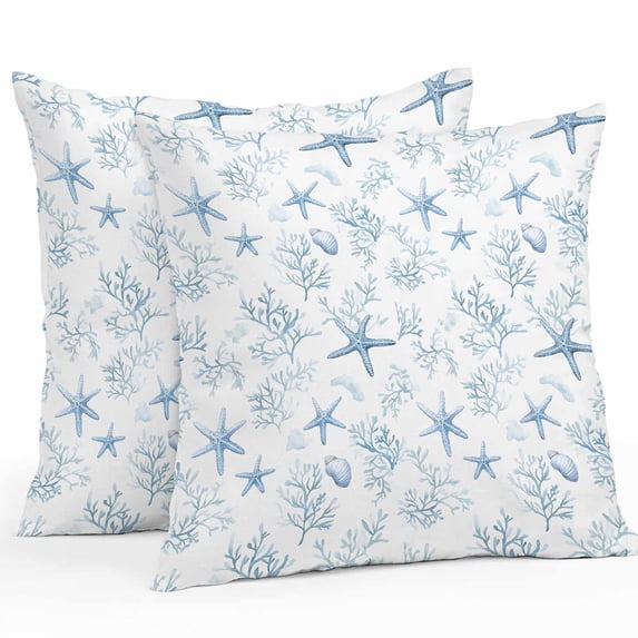 Coastal Coral Outdoor Pillow Covers, Waterproof Decorative Throw Pillowcases Set of 2, Ocean Starfish Blue Conch Summer Sea Couch Cushion Cases with Zipper for Outside Patio Garden Sofa 18"x18"