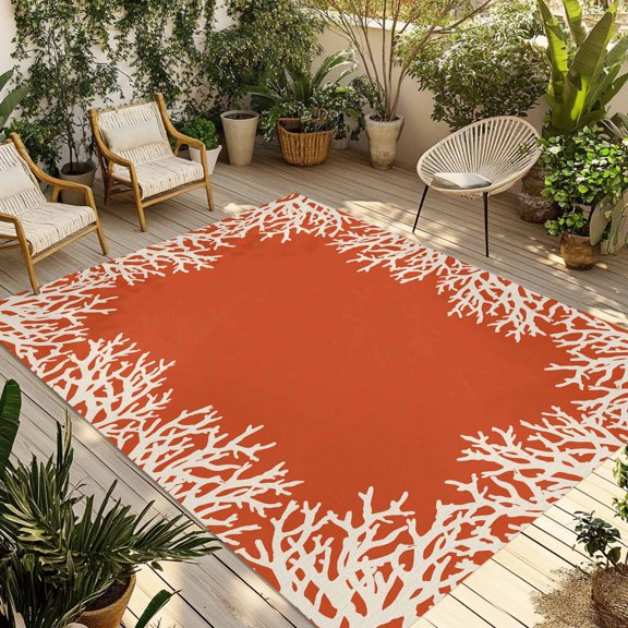 Coastal Coral Outdoor Rug 3x5 Ft - Reversible Patio Rug Outdoor Camping Rugs, Orange White Ocean Marine Nautical Beach Washable Indoor Outdoor Area Rugs, Non-Slip Outdoor Carpet Runner for Deck/Porch