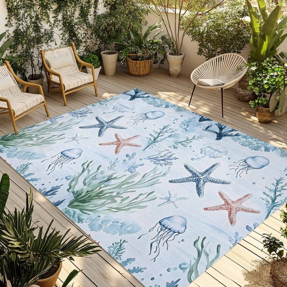 Coastal Coral Outdoor Rug 5x8 Ft - Reversible Patio Rug Outdoor Camping Rugs, Starfish Jellyfish Green Grass Underwater Indoor Outdoor Area Rugs, Non-Slip Outdoor Carpet Runner for Deck/Porch