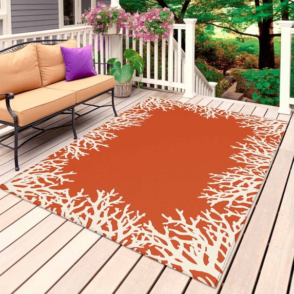 Coastal Coral Outdoor Rug for Patio/Deck/Porch, Non-Slip Large Area Rug 5 x 7 Ft, Orange White Ocean Marine Nautical Beach Indoor Outdoor Rugs Washable Area Rugs, Reversible Camping Rug Carpet Runner