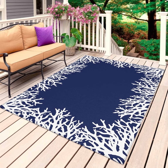 Coastal Coral Outdoor Rug for Patio/Deck/Porch, Non-Slip Large Area Rug 5 x 8 Ft, Navy Blue Ocean Marine Nautical Beach Indoor Outdoor Rugs Washable Area Rugs, Reversible Camping Rug Carpet Runner