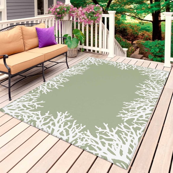Coastal Coral Outdoor Rug for Patio/Deck/Porch, Non-Slip Large Area Rug 5 x 8 Ft, Sage Green Ocean Marine Nautical Beach Indoor Outdoor Rugs Washable Area Rugs, Reversible Camping Rug Carpet Runner