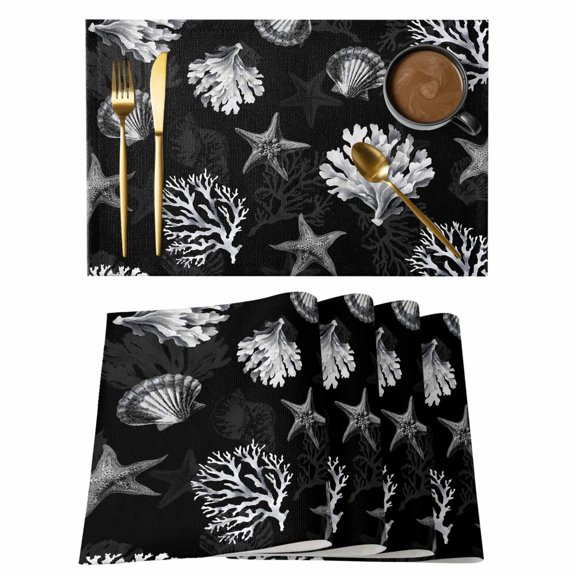Coastal Coral Placemats Set of 4, Summer Beach Black Shells Starfish Ocean Placemats for Dining Table, Place Mats for Kitchen Tabletop, Waterproof Wipeable Dining Table Mats Set