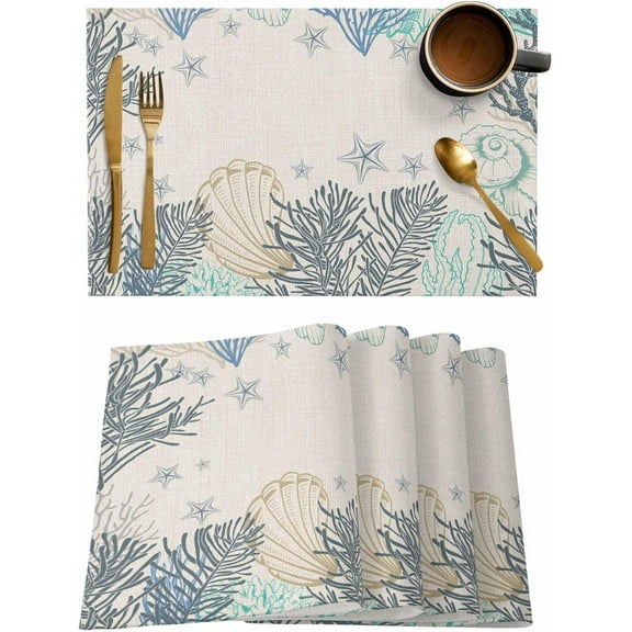 Coastal Coral Placemats Set of 6,Washable Woven Burlap Cloth Fabric Placemat for Square/Rectangle/Round/Oval Dining Table,Easy Clean Place Mats for Toddlers,Kids Farmhouse Vintage Sea Shell Starfish