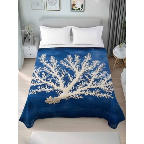 Coastal Coral Queen Size Flat Sheet, Wrinkleproof & Fadeproof Cooling Flat Bed Sheet Only, Oil Painted Summer Ocean Modern Art Breathable Soft Bedding Top Sheets 90 x 102 Inches