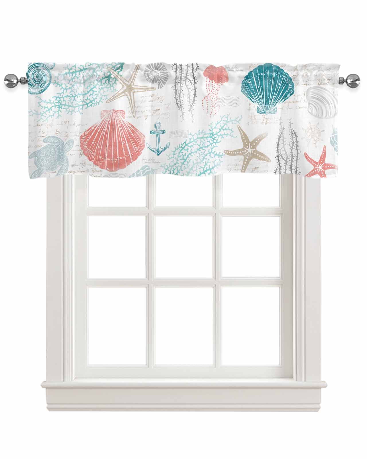 Coastal Coral Red Linen Curtain Valance for Bedroom/Bathroom/Kitchen/Living/Dining Room Window,Nautical Ocean Turtle Teal Starfish Conch Pocket Topper Drapes Decorative Cafe Drapery Panel 42"x18"