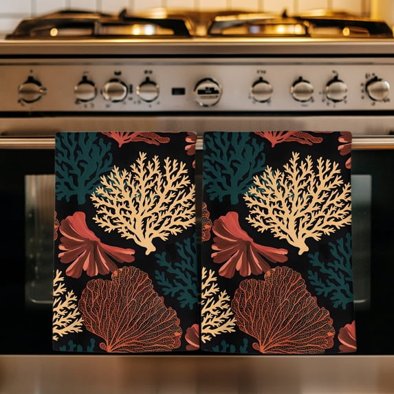 Coastal Coral Reef Kitchen Towels Set of 3, Abstract Orange Yellow Corals Undersea Absorbent Dish Towels for Kitchen, Microfiber Hand Towel, Quick Drying Tea Towel for Cleaning Decorative Dishcloths