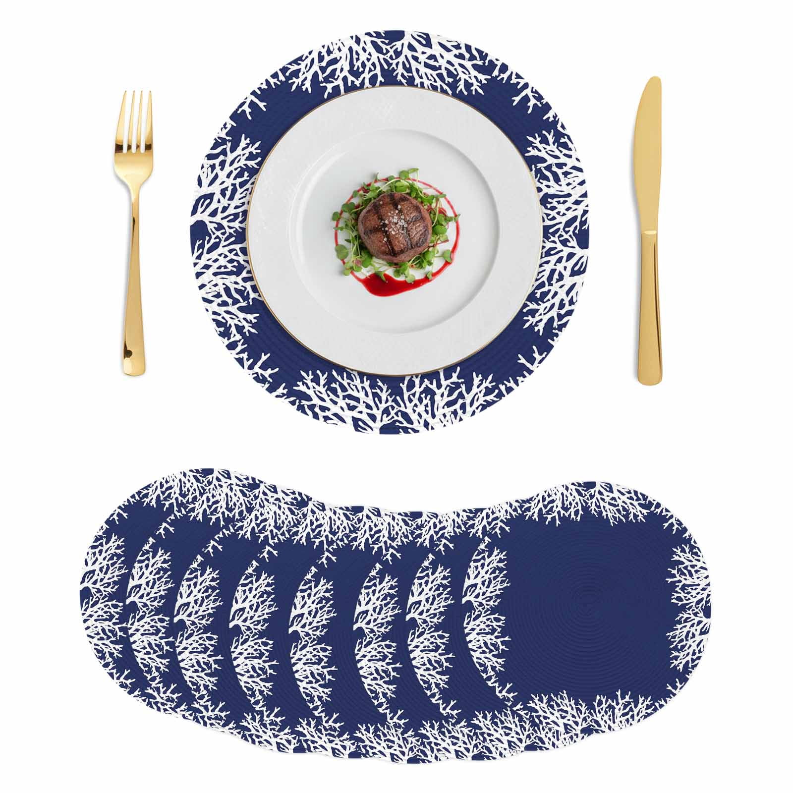 Coastal Coral Round 13 Inch Placemats Set of 8, Navy Blue Ocean Marine ...