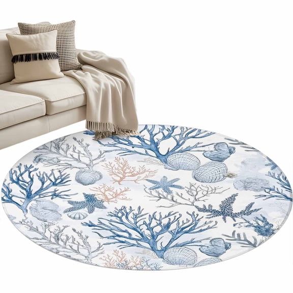 Coastal Coral Round Area Rug 4ft, Vintage Ocean Blue Starfish Conch Nature Washable Non-Slip Circle Rugs for Bedroom Living Room Kitchen, Soft Non Shedding Circle Carpet for Dining Room Dorm
