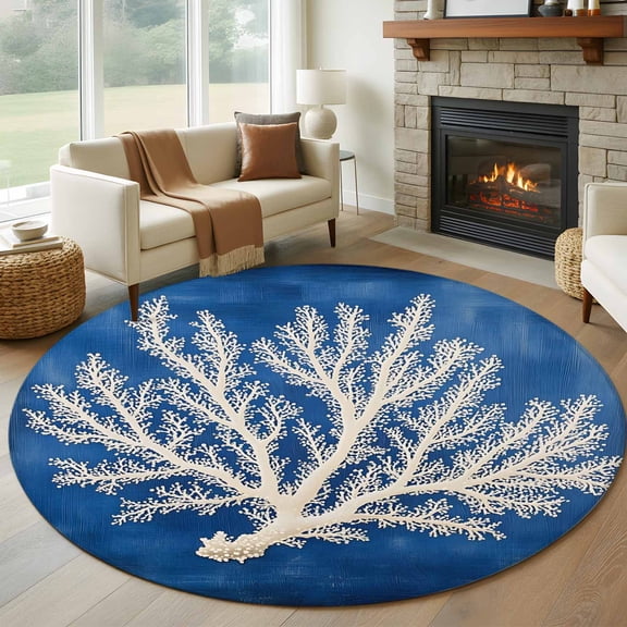 Coastal Coral Round Area Rug 6 FT, Non Slip Bedroom Rugs, Oil Painted Summer Ocean Modern Art Washable Soft Circular Carpet Non-Shedding Floor Mat for Kitchen Dining Room Home Office Kids Room