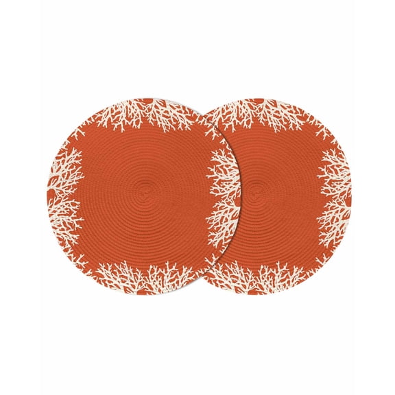 Coastal Coral Round Placemats Set of 2 for Dinning Tables,Heat-proof Braided Table Mats 13 Inch,Orange White Ocean Marine Nautical Beach Washable Place Mat for Kitchen Restaurant Party Table Decor