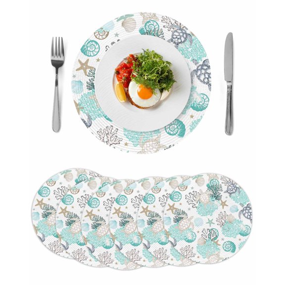 Coastal Coral Round Placemats Set of 6 for Dinning Tables,Heat-proof Braided Table Mats 13 Inch,Ocean Nautical Turtle Seashells Starfish Washable Place Mat for Kitchen Restaurant Party Table Decor