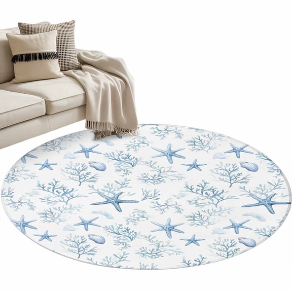 Coastal Coral Round Rug 3.3ft Area Rug Washable Soft Non-Slip 3.3' Circle Low Pile Rugs Ocean Starfish Blue Conch Summer Sea Carpet for Bedroom Living Room Entryway Home Office Dining Room