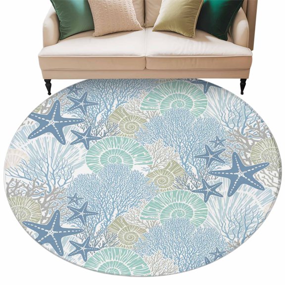 Coastal Coral Round Rug 8ft Washable Circle Rugs Non Slip Nautical Ocean Starfish Conch Shells Large Area Rug Indoor Floor Carpet for Bedroom Kitchen Living Room Home Office Dining Room Nursery