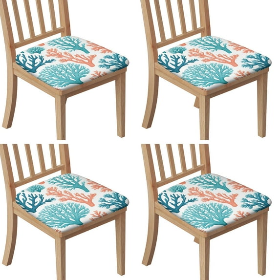 Coastal Coral Seat Covers for Dining Room Chairs Set Of 4,Stretch Printed Washable Chair Seat Cover with Elastic Ties and Button,Removable Waterproof Couch Cushion Covers