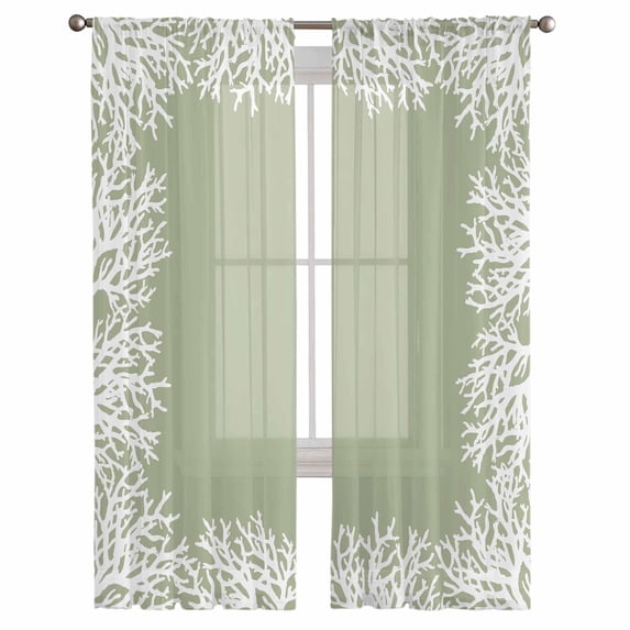 Coastal Coral Semi Sheer Curtains 108 Inch Length 2 Panels Set, Sage Green Ocean Marine Nautical Beach Sheer Kitchen Curtain Privacy Voile Window Curtain for Living Room Bedroom Rod Pocket Drapes