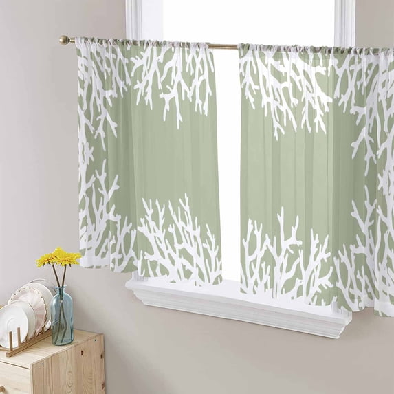Coastal Coral Semi Sheer Curtains 45 Inch Length 2 Panels Set, Sage Green Ocean Marine Nautical Beach Sheer Kitchen Curtain Privacy Voile Window Curtain for Living Room Bedroom Rod Pocket Drapes
