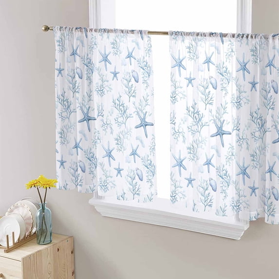 Coastal Coral Semi Sheer Curtains 54 Inch Length 2 Panels Set, Ocean Starfish Blue Conch Summer Sea Sheer Kitchen Curtain Privacy Voile Window Curtain for Living Room Bedroom Rod Pocket Drapes