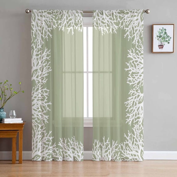 Coastal Coral Semi Sheer Curtains 96 Inch Length 2 Panels Set, Sage Green Ocean Marine Nautical Beach Sheer Kitchen Curtain Privacy Voile Window Curtain for Living Room Bedroom Rod Pocket Drapes