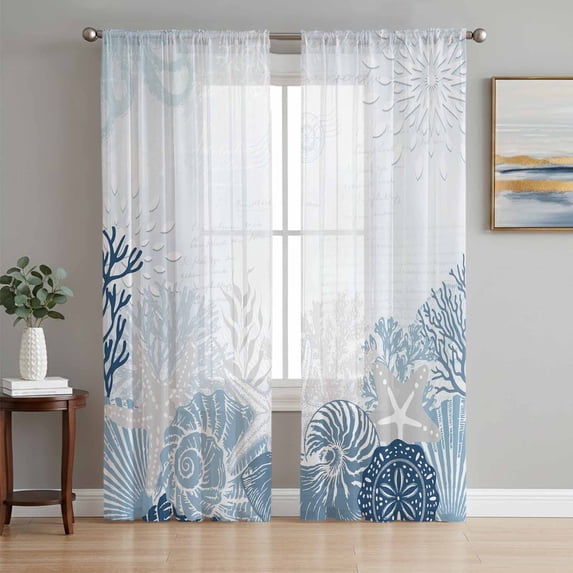 Coastal Coral Sheer Curtains 108 Inch Length 2 Panels Set, Ocean Starfish Beach Conch Mist Lake Blue Marine Window Treatment Semi Sheer Long Curtains Drapes for Bedroom/Living Room/Kitchen 52"x108"x2