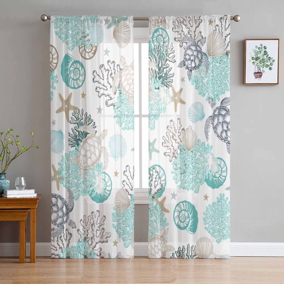 Coastal Coral Sheer Curtains 72 Inches Long 2 Panels Set, Window Sheer Curtains for Living Room/Bedroom, Ocean Nautical Turtle Seashells Starfish Light Filtering Rod Pocket Curtain 52'' x 72'' x 2