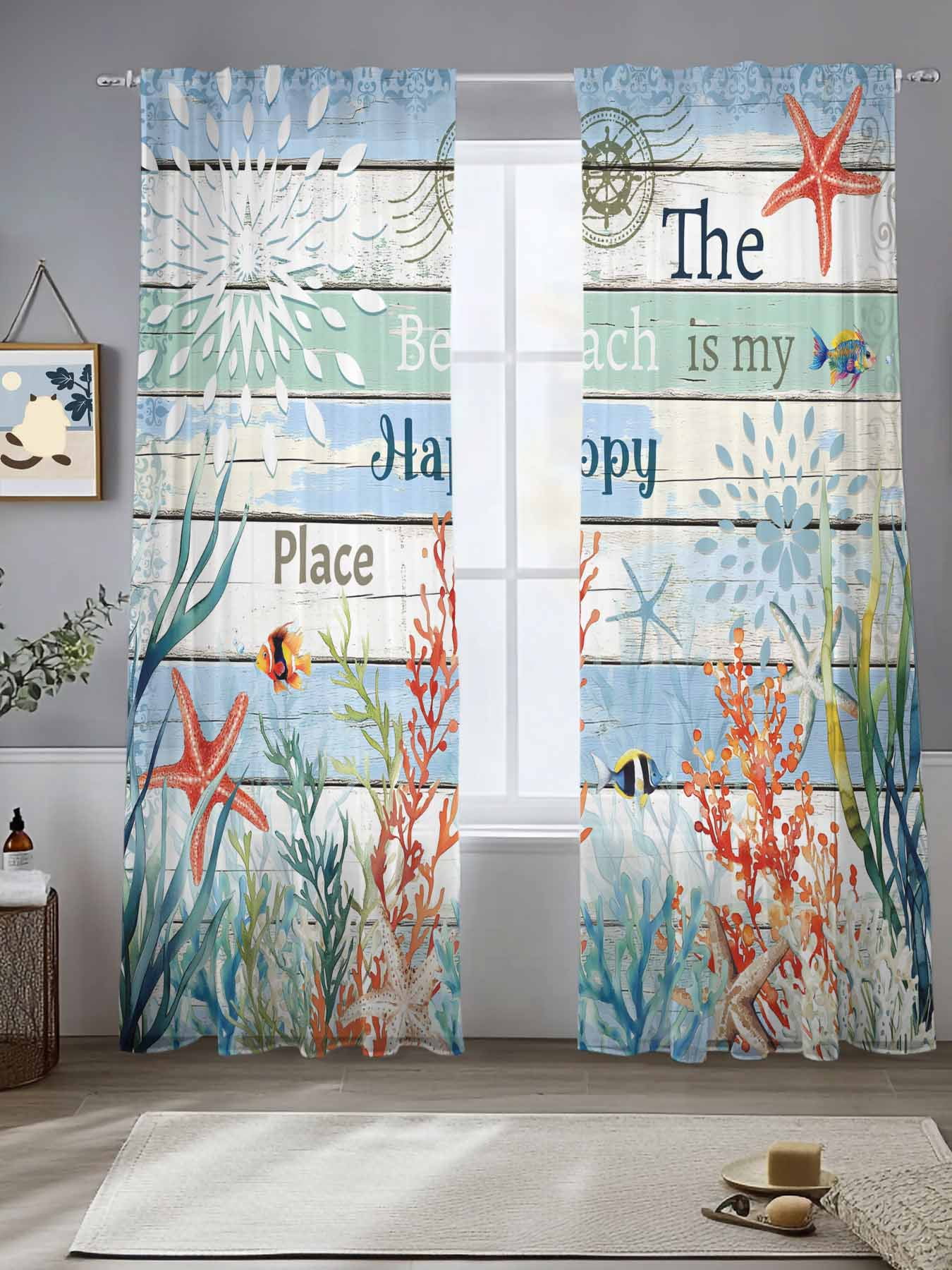 Coastal Coral Sheer Curtains for Living Room Bedroom Summer Beach