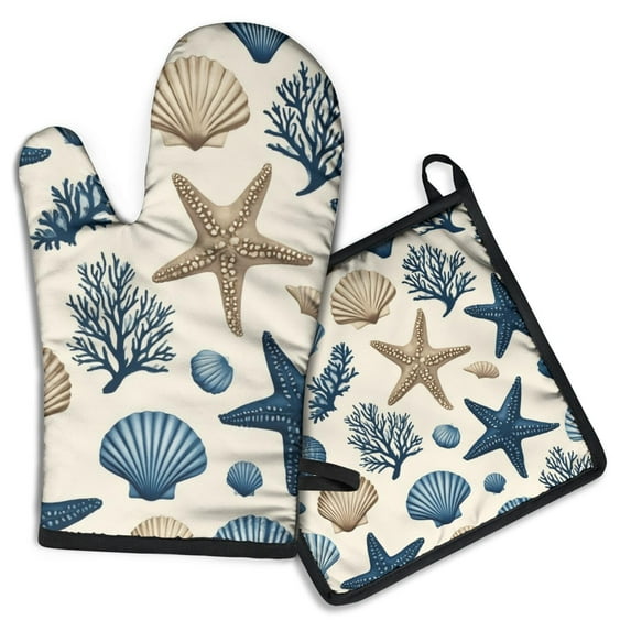 Coastal Coral Starfish Kitchen Oven Mitt and Pot Holder Sets 2 Pcs for Baking, Cooking and Grilling, Heat Resistant Up To 392 °F