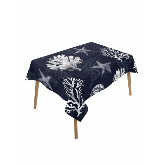 Coastal Coral Table Cloth, Dark Blue Ocean Starfish Shells Vintage Waterproof Tablecloth for Rectangle Tables, Reusable Washable Fabric Table Cover for Restaurant Kitchen Dining Tables 52"x70"