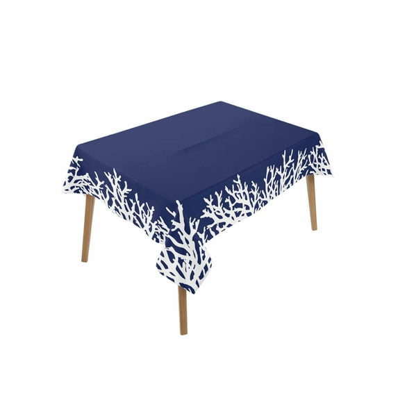 Coastal Coral Table Cloth, Navy Blue Ocean Marine Nautical Beach Waterproof Tablecloth for Rectangle Tables, Reusable Washable Fabric Table Cover for Restaurant Kitchen Dining Tables 52"x70"
