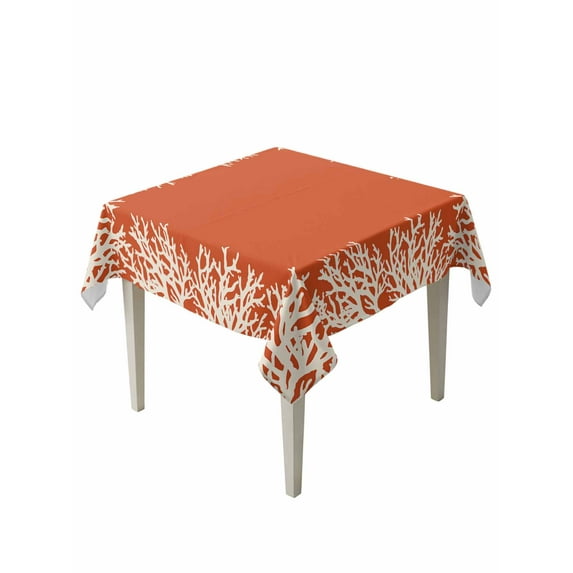 Coastal Coral Table Cloth, Orange White Ocean Marine Nautical Beach Waterproof Tablecloth for Square Tables, Reusable Washable Fabric Table Cover for Restaurant Kitchen Dining Tables 60"x60"