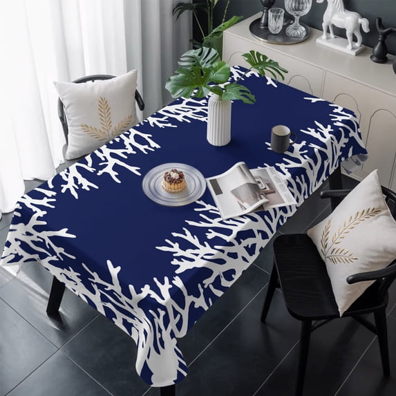 Coastal Coral Table Cloth Waterproof Tablecloths, Navy Blue Ocean Marine Nautical Beach Tablecloth Dining Table Cover for Kitchen Party Tabletop Outdoor, Rectangle Tablecloth 60x120 Inch