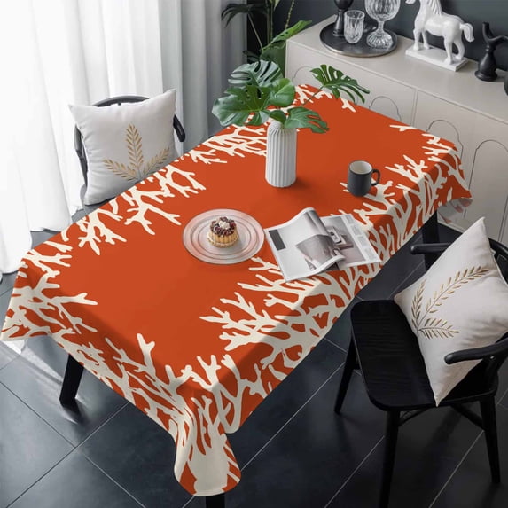 Coastal Coral Table Cloth Waterproof Tablecloths, Orange White Ocean Marine Nautical Beach Tablecloth Dining Table Cover for Kitchen Party Tabletop Outdoor, Rectangle Tablecloth 60x120 Inch