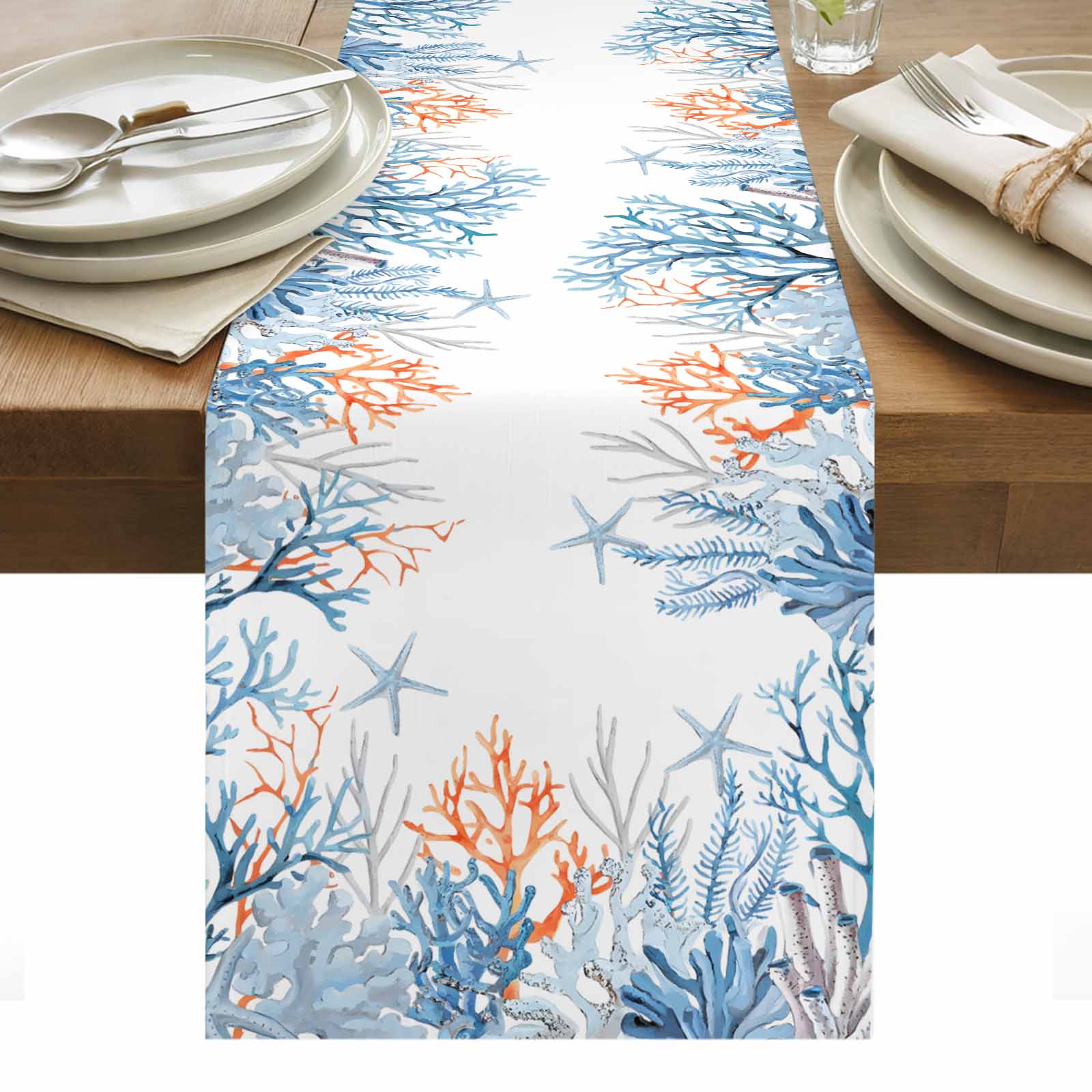 Coastal Coral Table Runner - 48 Inch Long, Kitchen Dining Table Runner ...