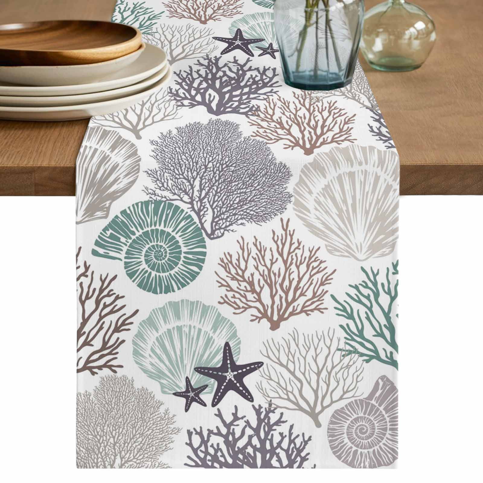 Tabletop Shells Coastal Coral Table Runner 70 Inches, Nautical Ocean Beach Conch Shells ...