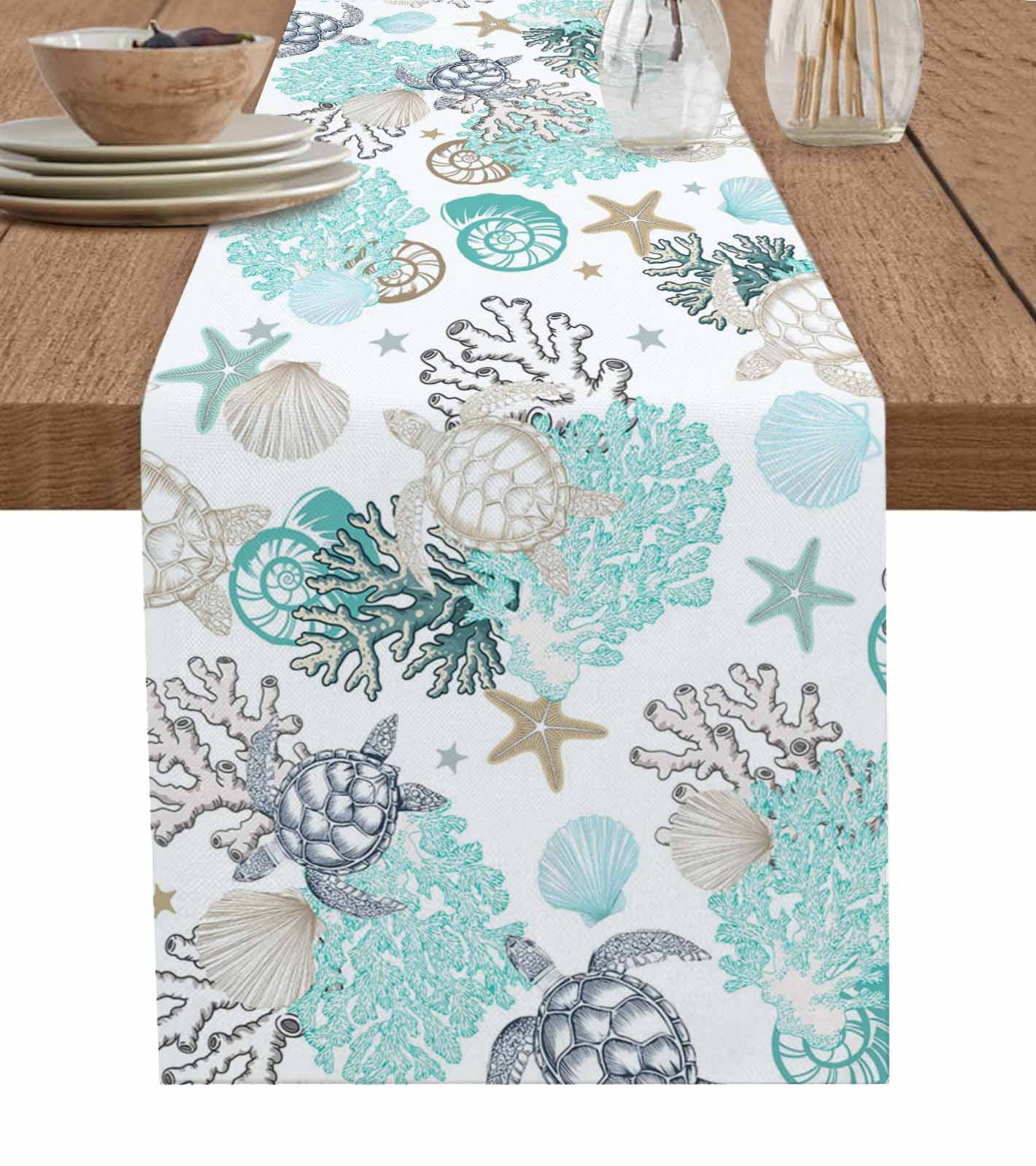 Runner Seashell Coastal Coral Table Runner 70 Inches, Ocean Nautical Turtle Seashells ...