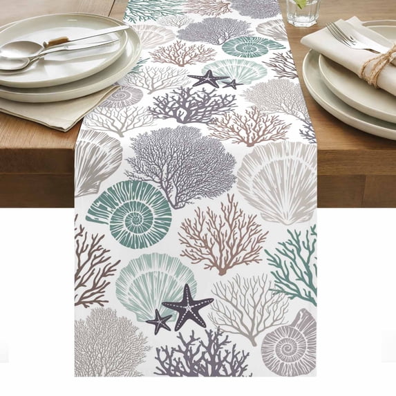 Coastal Coral Table Runner - 72 Inch Long, Kitchen Dining Table Runner Dresser Scarves, Nautical Ocean Beach Conch Shells Starfish Farmhouse Decor for Coffee Tables Wedding Party Banquet