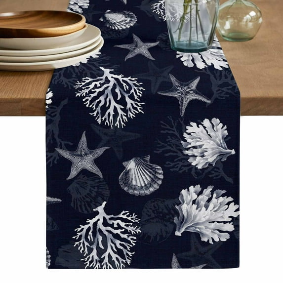 Coastal Coral Table Runner, Dark Blue Ocean Starfish Shells Vintage Washable Cotton Linen Table Runners 90 Inches Long, Dresser Scarf Runner for Dining/Coffee/Kitchen/Hallway Tables 13''x90''
