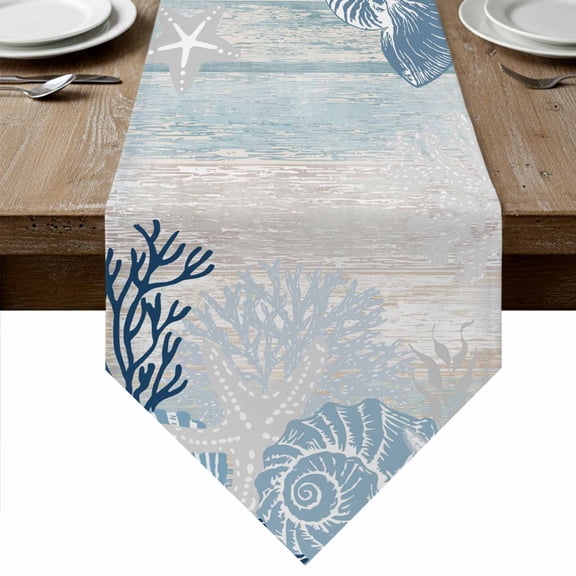 Coastal Coral Table Runner Linen Burlap Table Runner 36 Inches Small Ocean Starfish Beach Conch Mist Lake Blue Wood Dresser Scarves for Kitchen Island Coffee Dining Room Party Wedding Decor 13"x36"