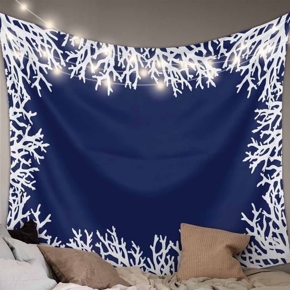Coastal Coral Tapestry for Bedroom Wall Hanging Tapestry, Navy Blue Ocean Marine Nautical Beach Ceiling Backdrop Tapestries Poster Blanket Wall Decor for Teens Room Living Room Dorm 59" x 79"